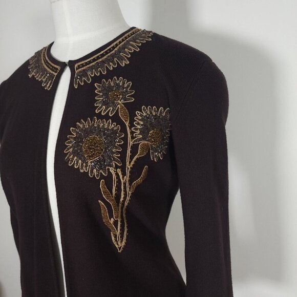 Women's Brown Beaded Cardigan Sweater Goblin Fairy Floral Whimsical 3/4 Sleeve S - Picture 2 of 12